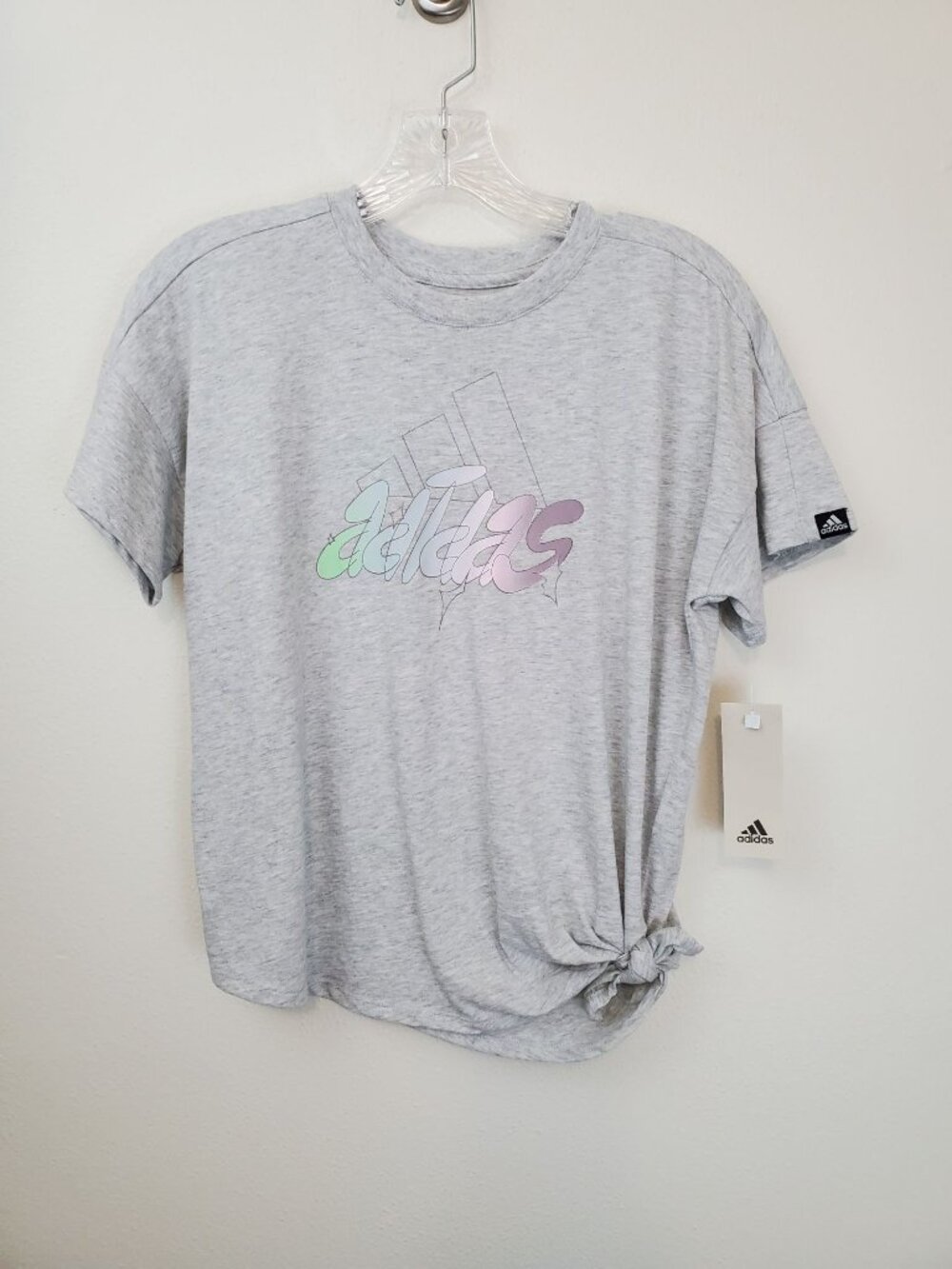 Adidas girls gray loose fit front knot athletic t-shirt, rainbow print